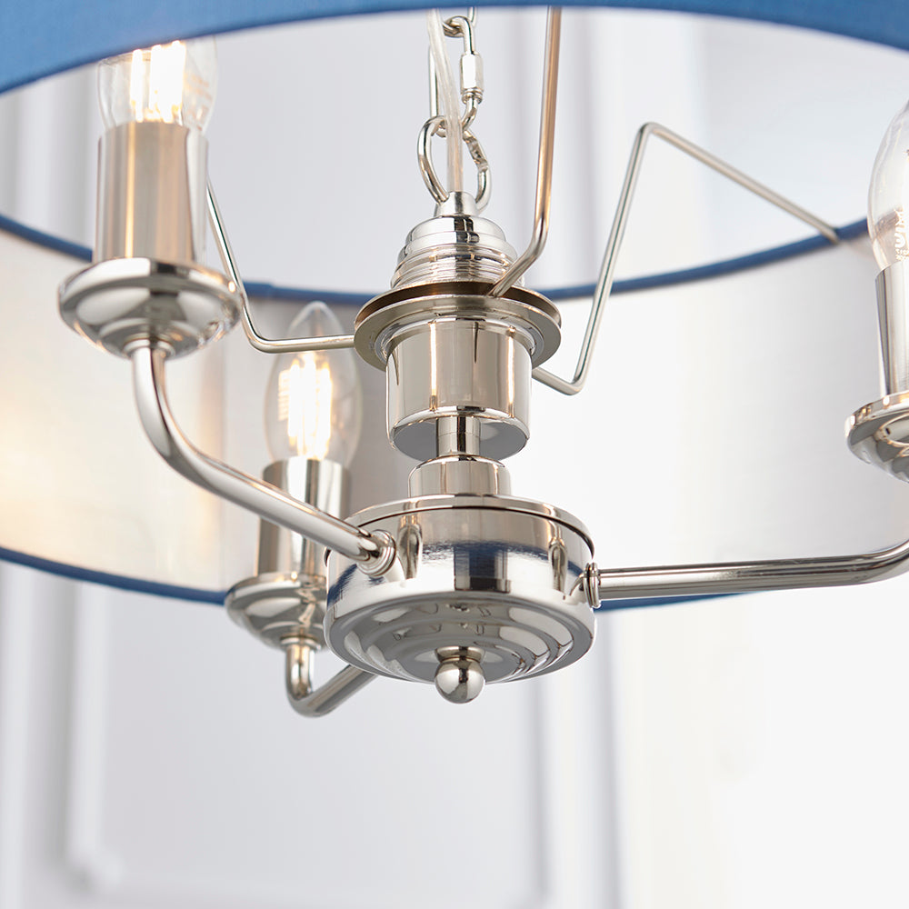 Endon Lighting 94414 Highclere 3Lt Pendant Bright Nickel Plate & Midnight Blue Fabric