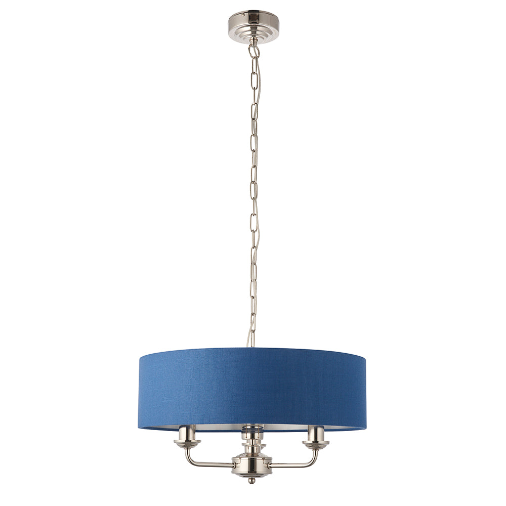 Endon Lighting 94414 Highclere 3Lt Pendant Bright Nickel Plate & Midnight Blue Fabric