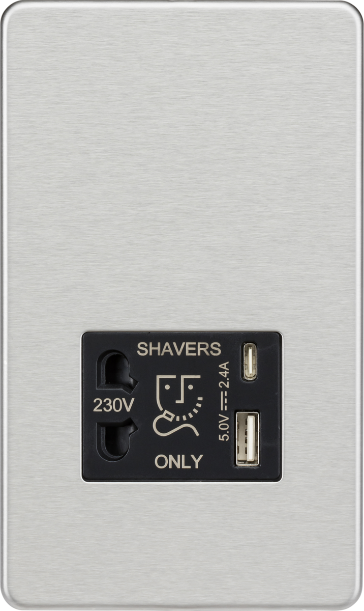 Shaver socket with dual USB A+C (5V DC 2.4A shared) - brushed chrome with black insert