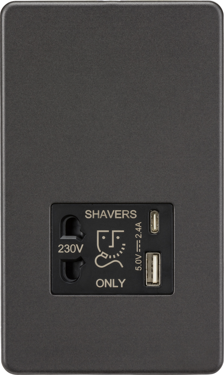 Shaver socket with dual USB A+C (5V DC 2.4A shared) - smoked bronze