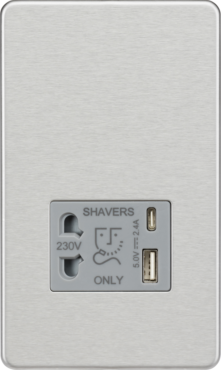Shaver socket with dual USB A+C (5V DC 2.4A shared) - brushed chrome with grey insert