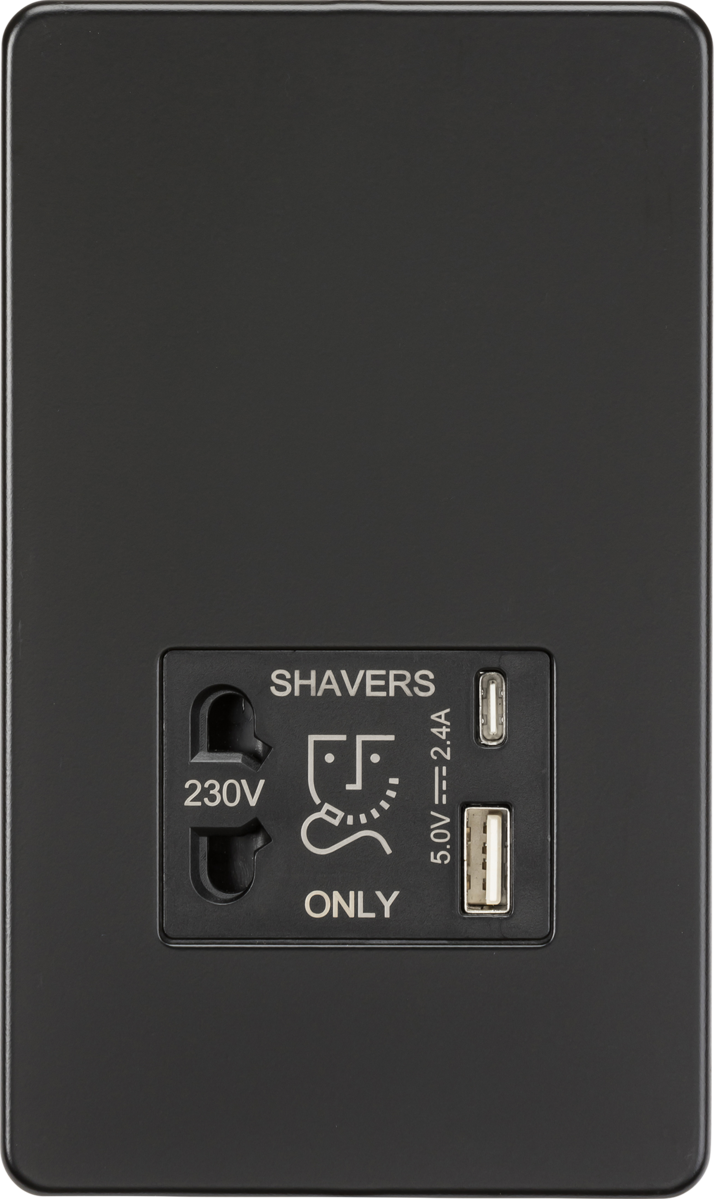 Shaver socket with dual USB A+C (5V DC 2.4A shared) - matt black
