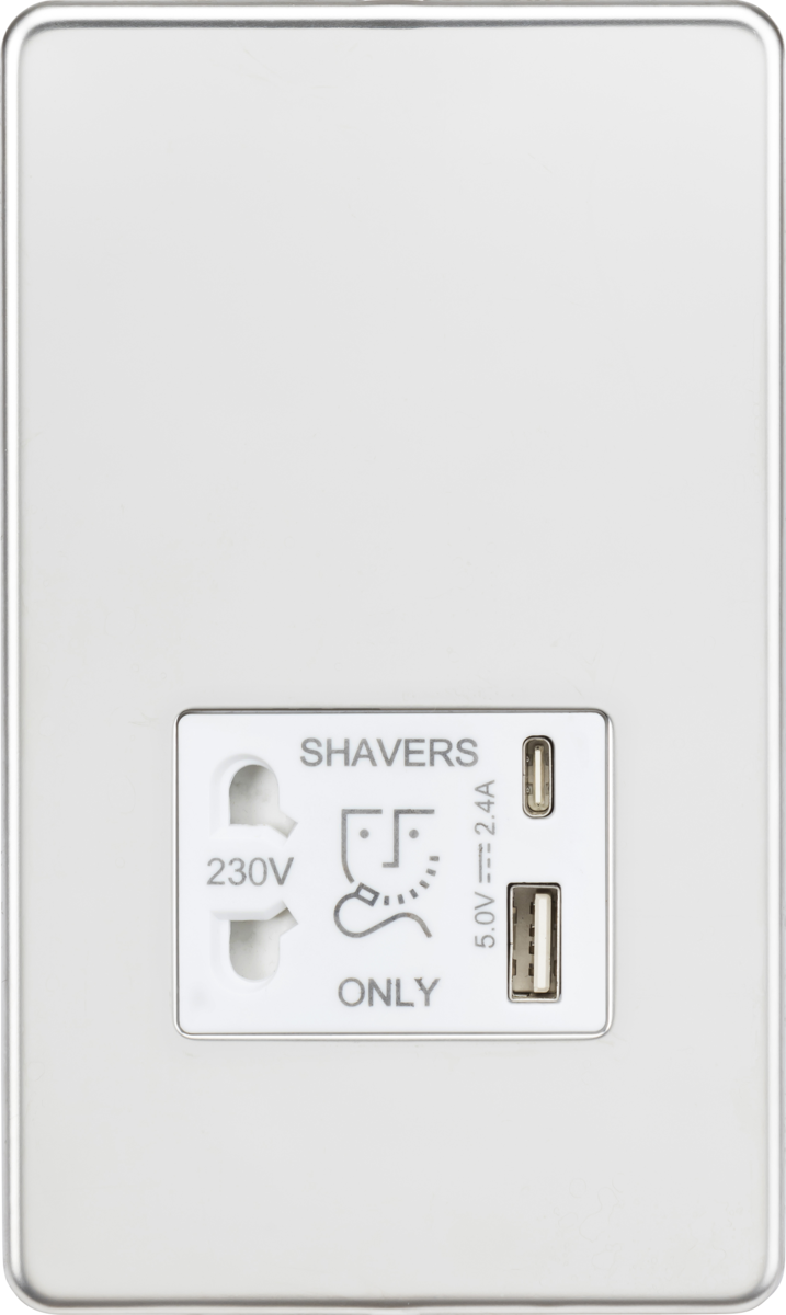 Shaver socket with dual USB A+C (5V DC 2.4A shared) - polished chrome with white insert