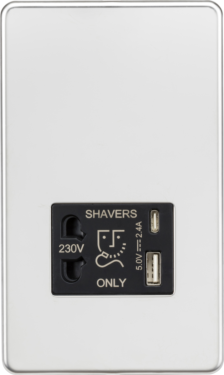 Shaver socket with dual USB A+C (5V DC 2.4A shared) - polished chrome with black insert