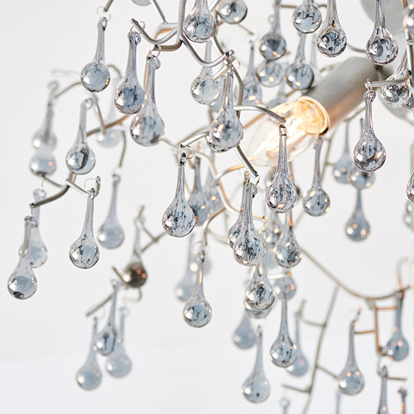 Aged silver branch semi-flush with glass droplets