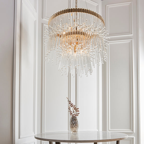XL gold plated chandelier with glass rods