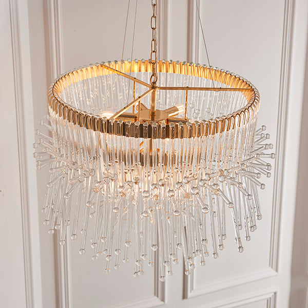 XL gold plated chandelier with glass rods