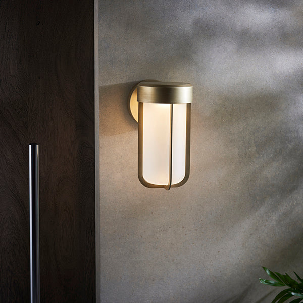 Die-cast IP44 brushed gold & frosted glass LED wall light