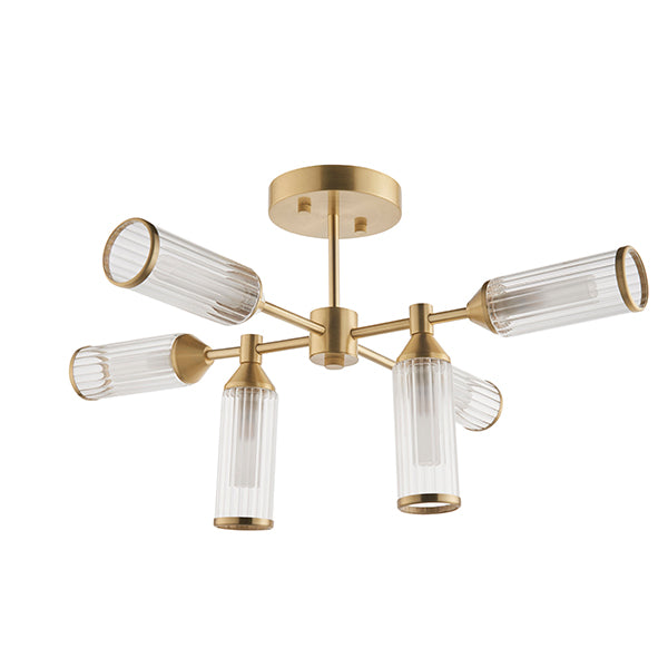 Ribbed and frosted glass satin brass semi-flush