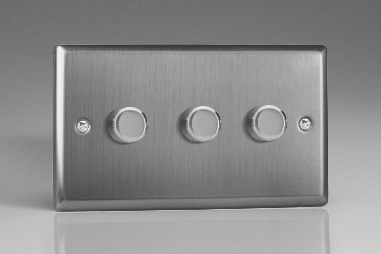 Varilight HT33 Classic Brushed Steel 3-Gang 2-Way Push-On/Off Rotary Dimmer 3 x 60-400W (Twin Plate)