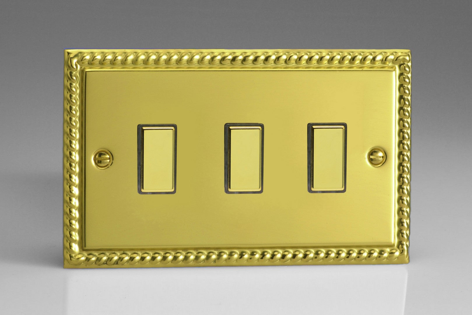 Varilight JGES003 Classic Georgian Brass 3-Gang Tactile Touch Control Dimming Slave for use with Multi-Point Touch or Remote Master on 2-Way Circuits (Twin Plate)
