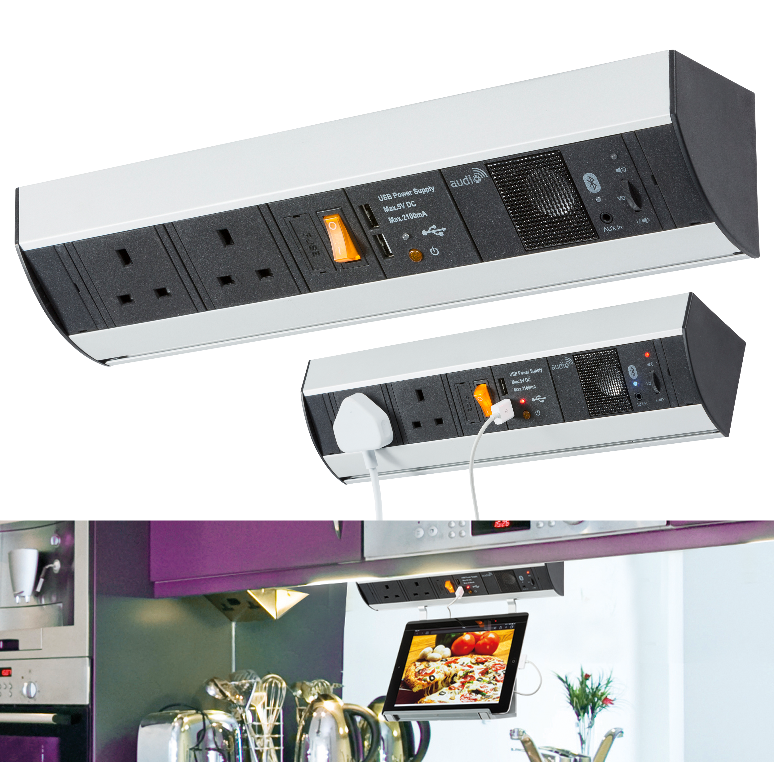 ML Accessories-SK007 13A Under Cabinet Power Station with Dual USB Charger (2.1A) and Bluetooth Speaker
