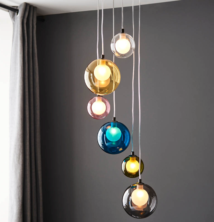 Multi-coloured glass 6 light cluster pendant