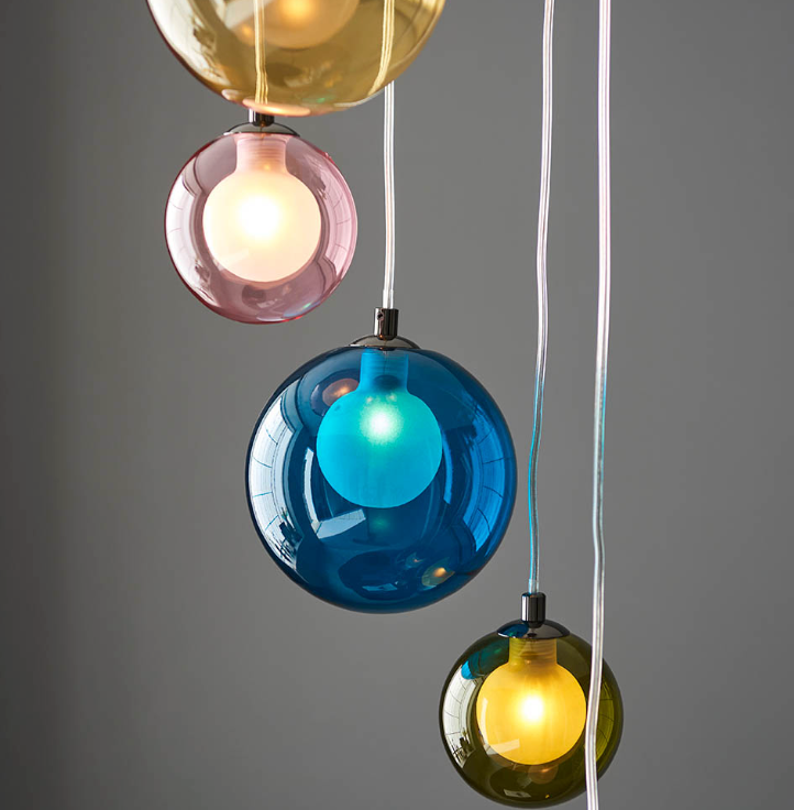 Multi-coloured glass 6 light cluster pendant