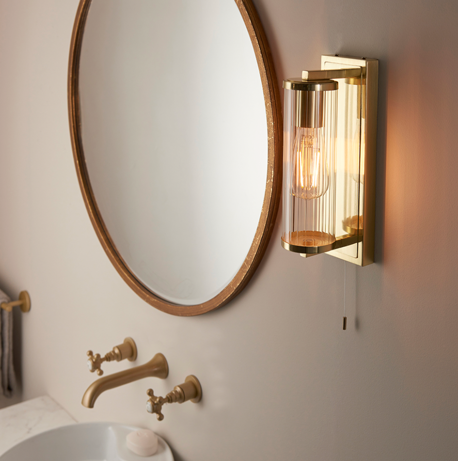 Ribbed Glass Cylinder brushed gold wall light IP44