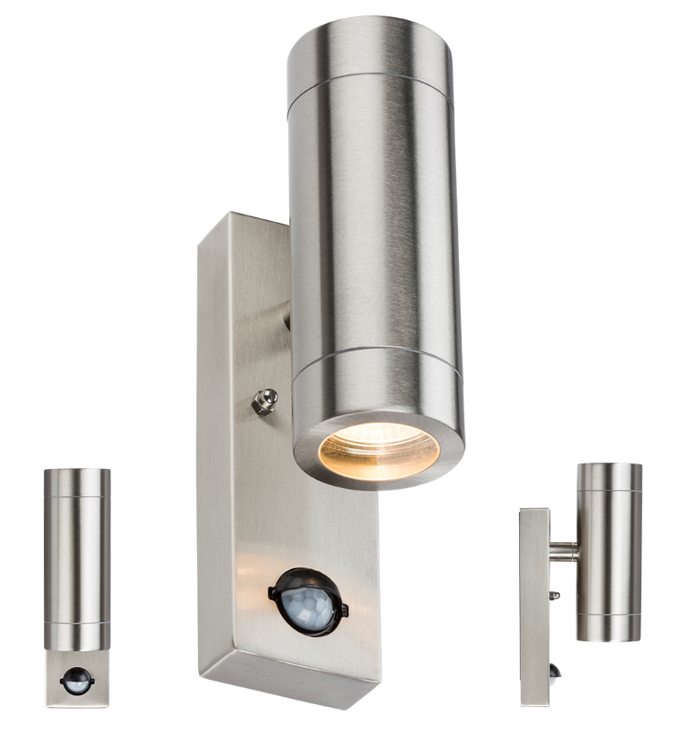 ML Accessories-WALL4LSS 230V IP44 2 X GU10 Stainless Steel Up/Down Wall Light with Pir