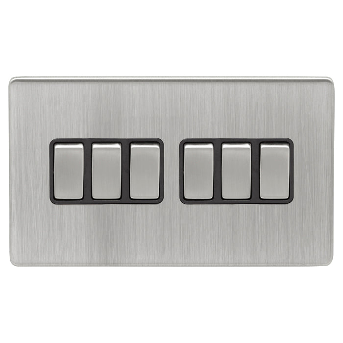 6 Gang Switch in Satin Nickel With Black Trim